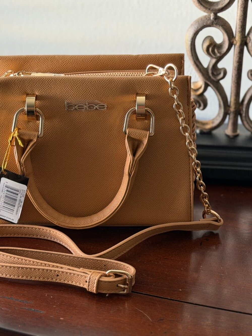 bebe Katriel Small Camel Satchel Gold Chain Crossbody NWT